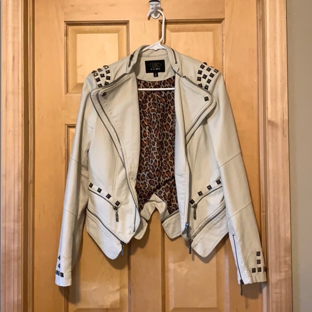Cream Studded Faux Leather Jacket